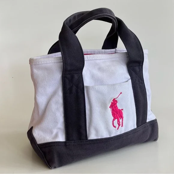 SOLD❗️ Polo Ralph Lauren Small Canvas Tote Big Pony Logo White Blue Preppy Bag - Picture 2 of 11